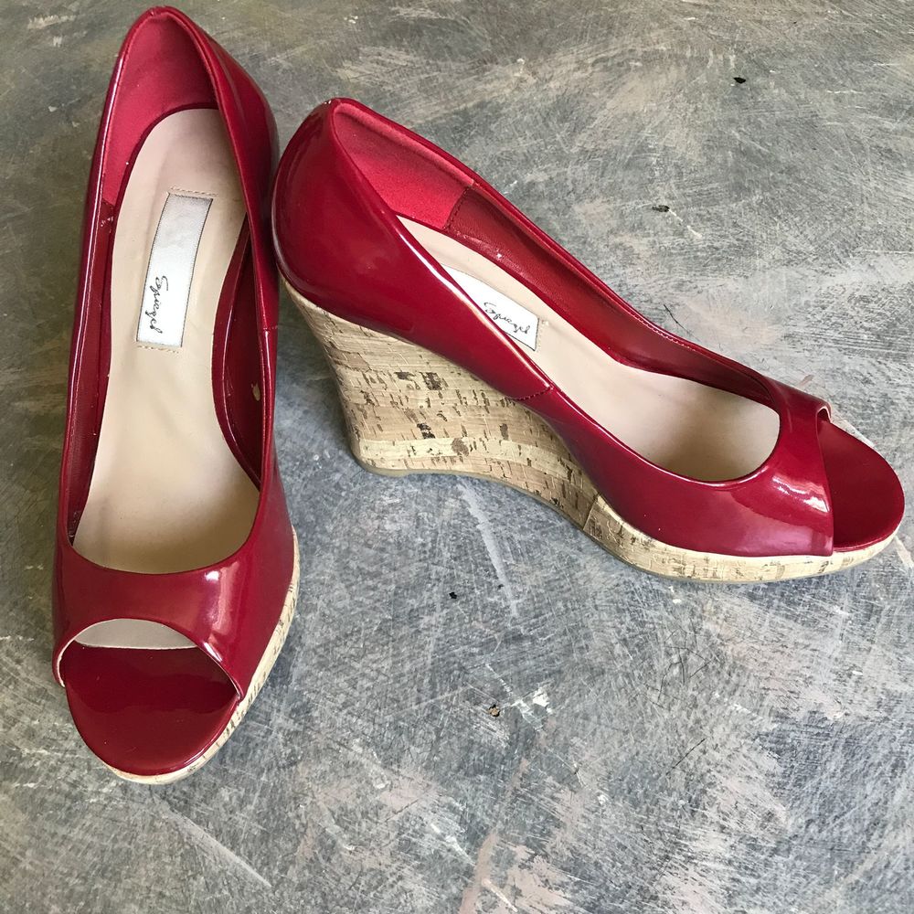 Spiegel Red Patent Peep Toe Cork Wedge